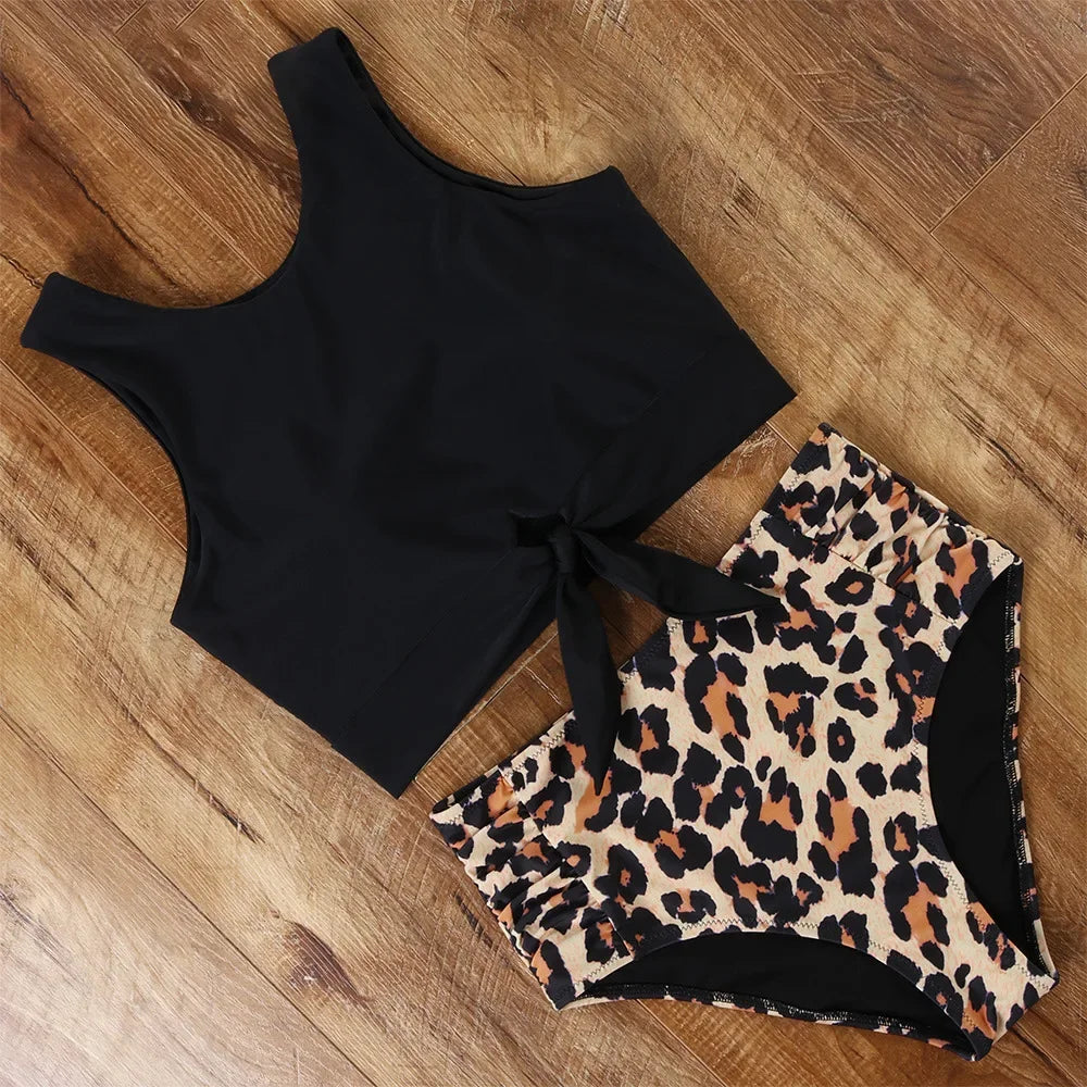 High Waist Bikini Sexy Swimwear Women Striped Leopard Front Tie Push Up Two Piece Swimsuit Beach Bathing Suit Vacation Outfits