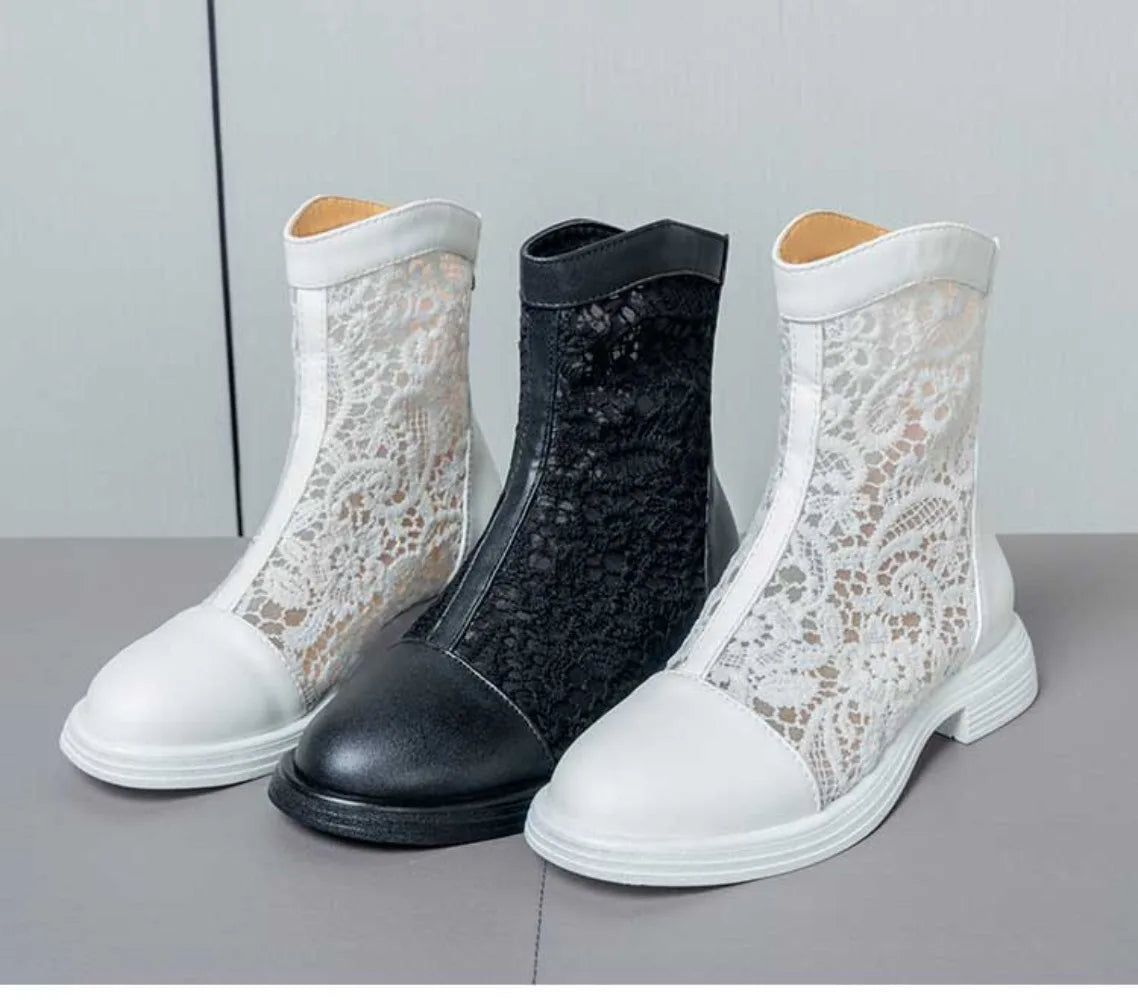Women White Gladiator Ankle Boots Round Toe Square HeelBreathable Mesh Large Size 34-45 Sweet Princess Cool Sandals Boots New
