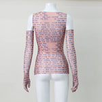 AHAgaga Sexy Tee T-shirt Women 2025 Summer Casual Letter Print Skinny See Through With Gloves Cropped Shirts Women Female Blusas