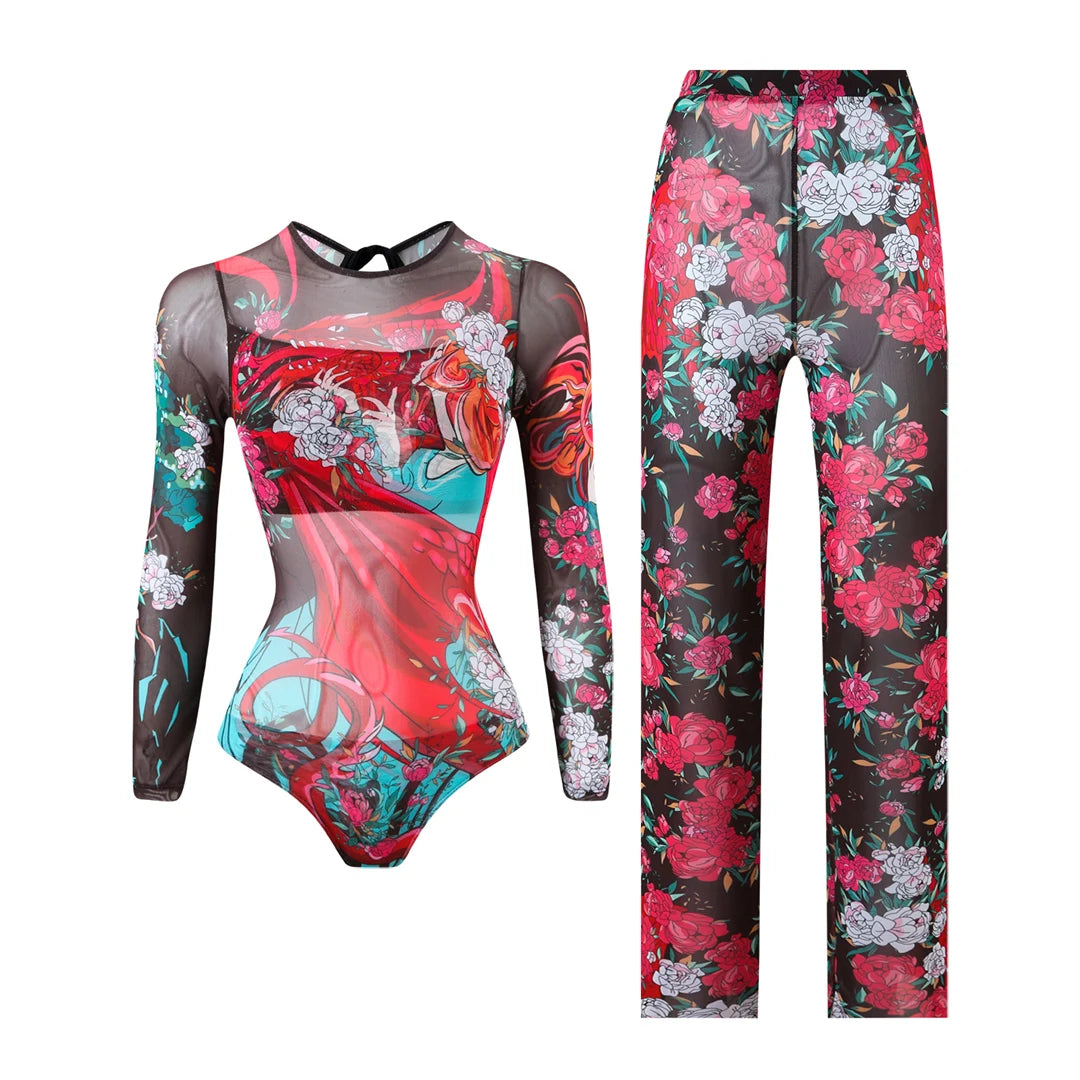 S - XXL New Printed Long Sleeve With Pants Women Swimwear One Piece Swimsuit Female Floral Padded Bather Bathing Suit Swim V7176