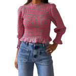 Women Fashionable Casual Round Neck Smocked Bubble 3/4 Sleeve Tops Summer Fall Plaid Print Ruffled T-shirts