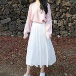 High Waist Elastic Pleated Skirt for Women Spring Summer Chiffon Skirts Vintage Patchwork White Black Long A-Line Skirt