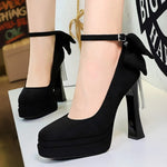 BIGTREE Women's Pointed Toe High Heels Back Bowknot Elegant Flock Ankle Strap Pumps for Women Black Dress Shoe Wedding Party