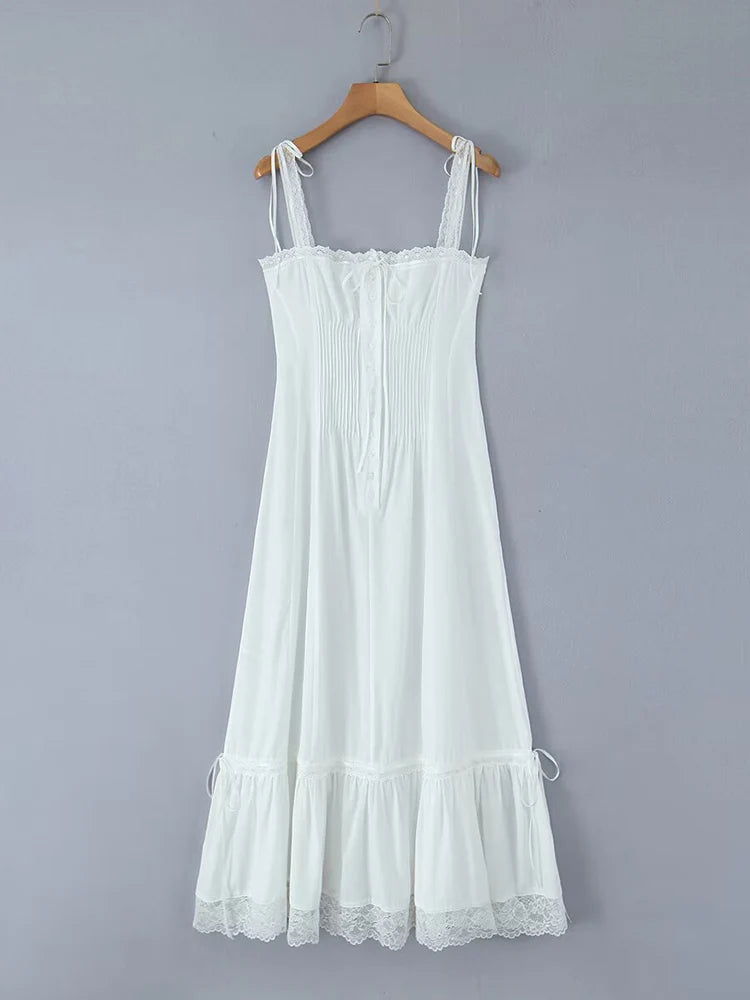 Summer Womens White Dresses Spaghetti Strap New in Long Dress 2025 Beach Casual Midi Party Vestidos Single Breasted Lace Dress