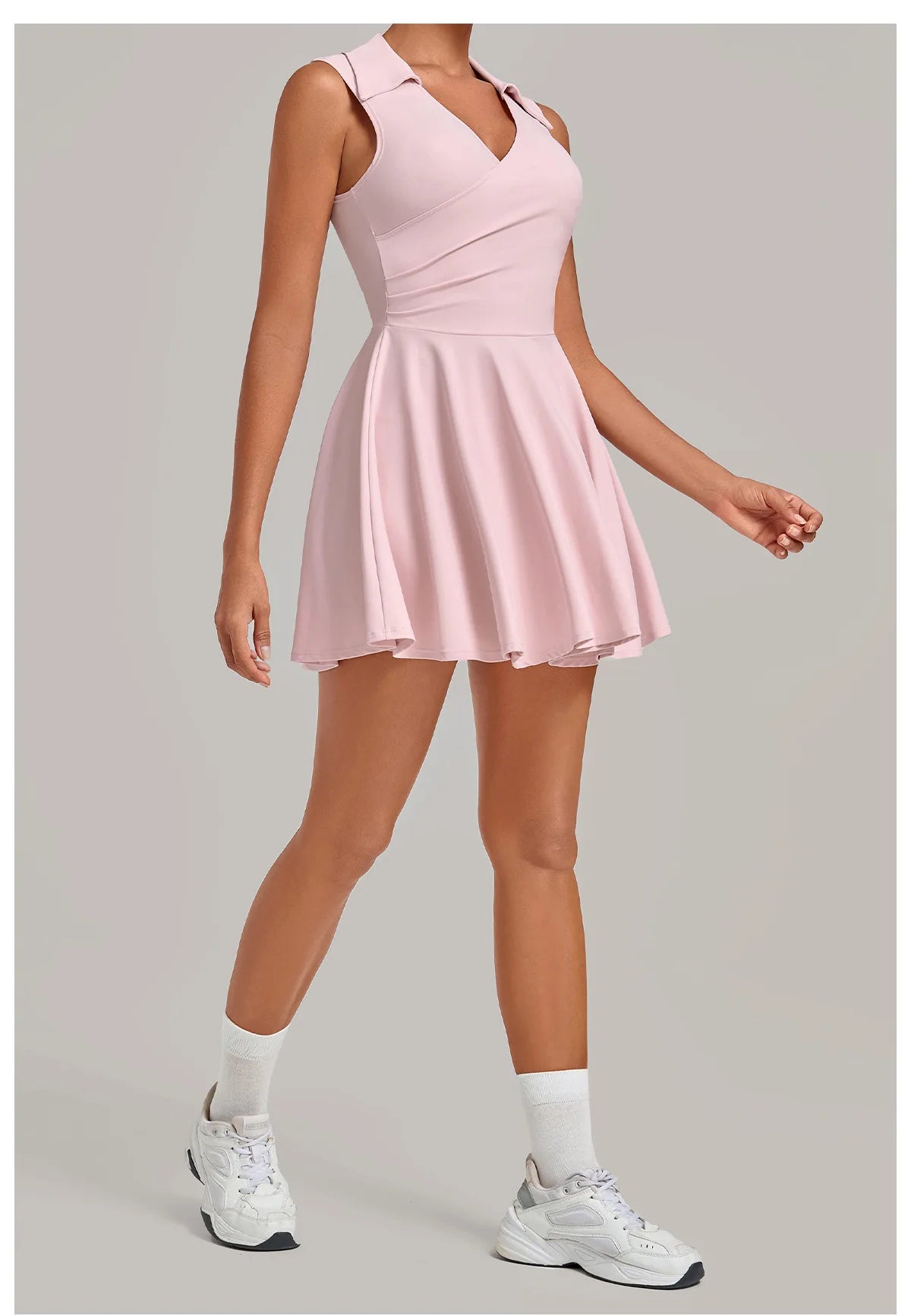 Summer Women Solid Tennis Dresses Sleeveless Turn Down Collar Pleated Skirts with Detachable Pocket Shorts Slim Yoga Golf Dress