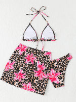 New Leopard 3 Pieces Push Up Bandeau Bikini Set Swimsuit Women Swimwear with Mesh Beach Sarong Skirts Floral Print Bathing Suit