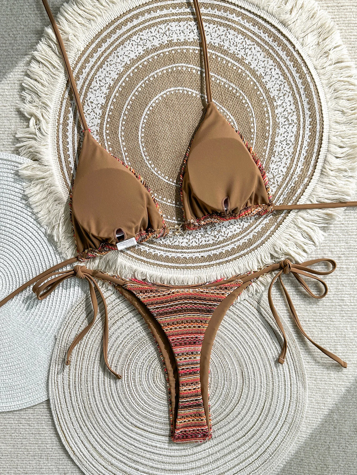 Sexy Coffee Striped Micro Bikini Set 2026 Women Halter Push Up Bra Bandage Thong Swimsuit Summer Bathing Suit Holiday Swimwear