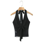 Vietnamese Sexy Halter Neck Strap Tank Top Feminine Mesh Transparent Slim Fit Large Open Back Short Camisole Top Casual RUKJ