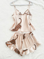 Summer 2-pieces Pink Leopard Printed Pajamas Set for Women Sexy Ice Silk Stain Sleepwear Casual Crop Tops and Shorts Lounge