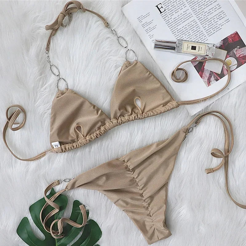 Halter Metal Chains Diamond Bikini Women Swimsuit Female Brazilan Swimwear Two Pieces Bikini Set High Cut Bathing Suit Swim Lady