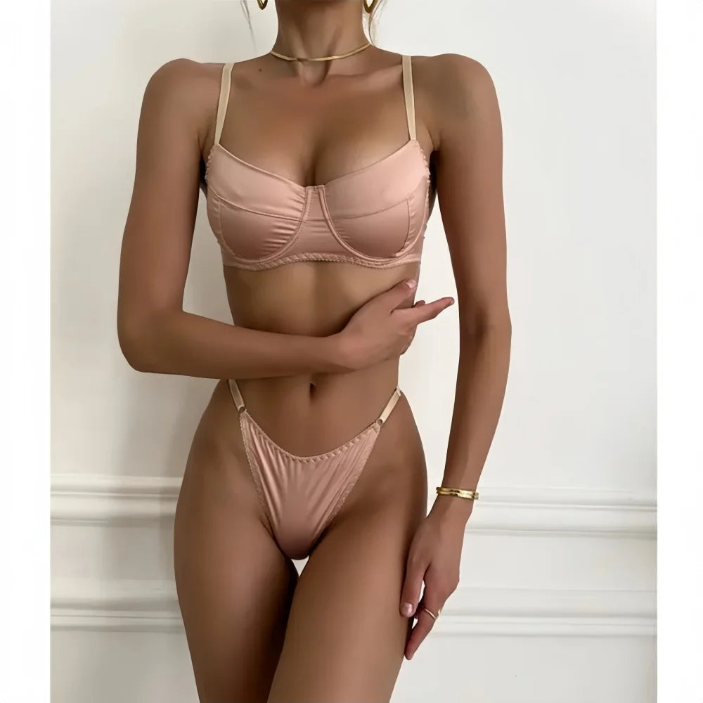 2 Pcs Sexy Bra Set Women Underwear Underwire Push Up Satin Patchwork Bras and Thongs Suits Attractive Bilizna Intimate Set