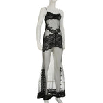 FDYOUI Sexy Lace Patchwork Mesh Long Dress Women Spaghetti Strap See-through Evening Party Dresses White Black Night Club Outfit