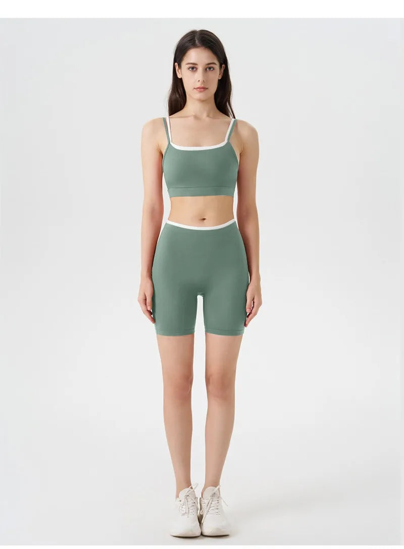 Women's 2-piece Yoga Set Fake Two-Piece Color-Block White Stripe Camisole Running Sports Bra Shorts Yoga Outfit Set