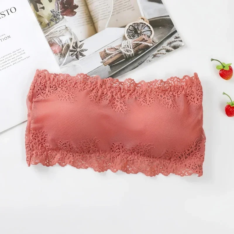 Women Floral Lace Tube Top Wireless Bra Sexy Lingerie Strapless Bralette Solid Color Crop Top Female Padded Bandeau Padded Bra