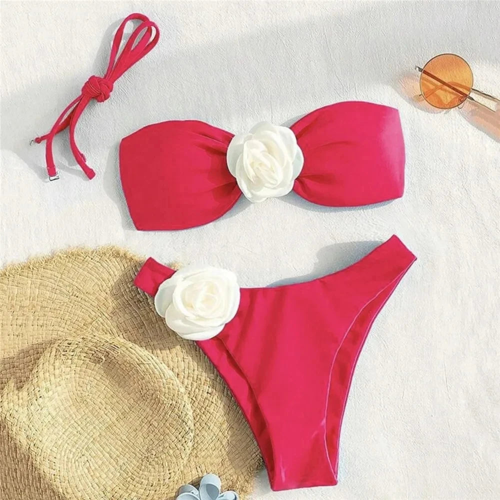 Sexy Flower Bandeau Swimwear Thong Bikini 2026 Women Lace-up Swimsuit Swimming Bathing Suit Brazilian Bikinis Sets Mujer Biquini