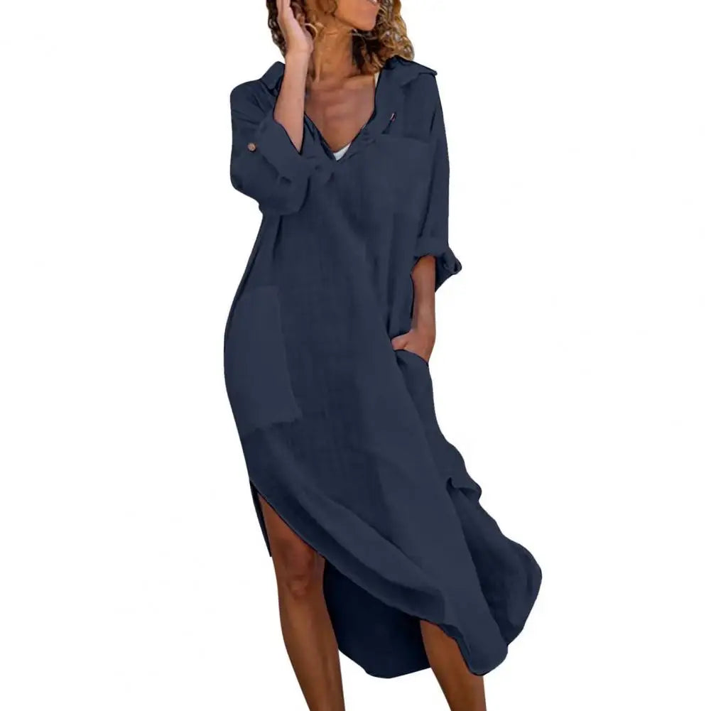 Beach Holiday Dress Women Summer Shirt Dress Lapel V-neck Solid Color Pockets Design Side Split Loose Fit Thin Midi Dress
