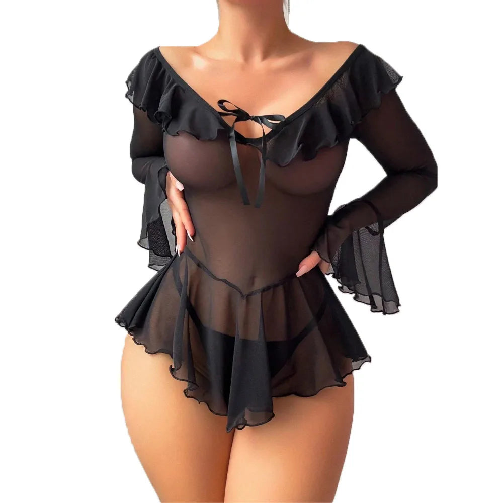 Off‑Shoulder Sheer Mesh Nightgowns Ruffle Trim Bow Front Long Flare Sleeve See‑Through Mini Dress Seductive Bodycon Sleepwears
