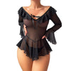 Off‑Shoulder Sheer Mesh Nightgowns Ruffle Trim Bow Front Long Flare Sleeve See‑Through Mini Dress Seductive Bodycon Sleepwears