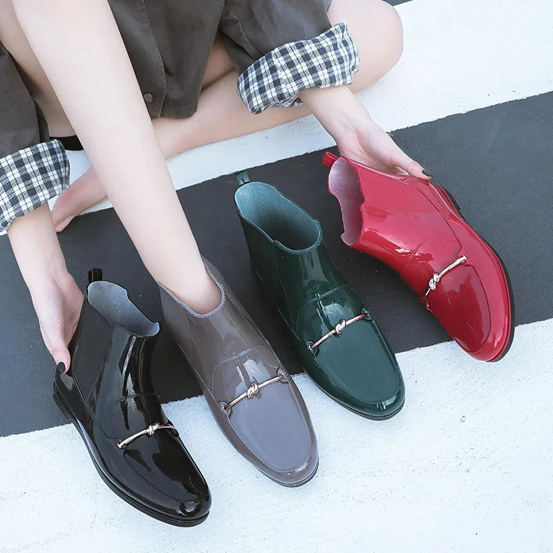 Women Rainning Boots Fashion Ladies Walking Waterproof Ankle Rubber Rainboots Casual Thick Bottom Low Heel Short Boot 2024