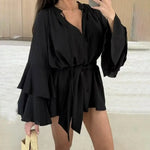 Mini Dress with Belt Summer Ruffle Long Sleeve Dress for Women Casual V Neck A-line Swing Dresses Irregular Vacation Dress