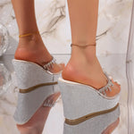 EUR Size 43 Silver Glitter Rhinestone Tassel PVC Slide Mules Slip On Wedge Platform Sandals Summer Beach Party Daily Shoes
