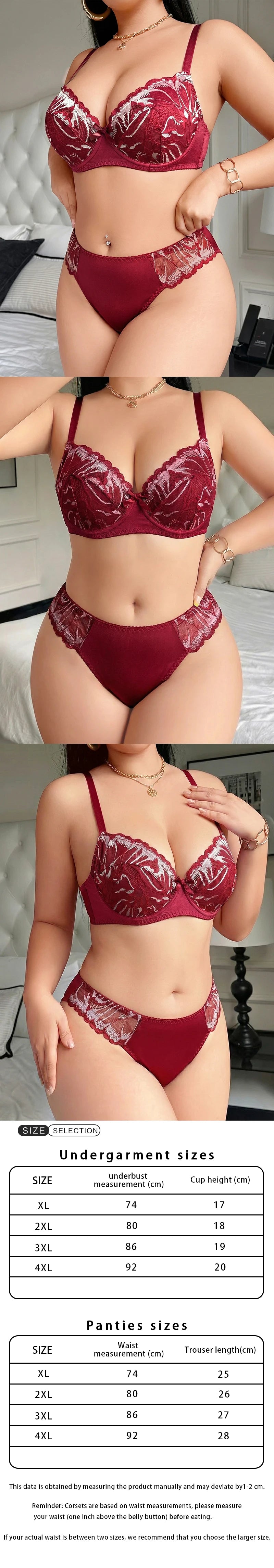 Plus Size Wine Red Lace Bra Set Soft Underwire Push Up Gather Uplift Anti Sagging Sexy Lingerie 2 Piece Panty Set