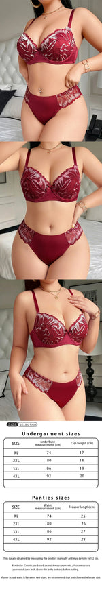 Plus Size Wine Red Lace Bra Set Soft Underwire Push Up Gather Uplift Anti Sagging Sexy Lingerie 2 Piece Panty Set
