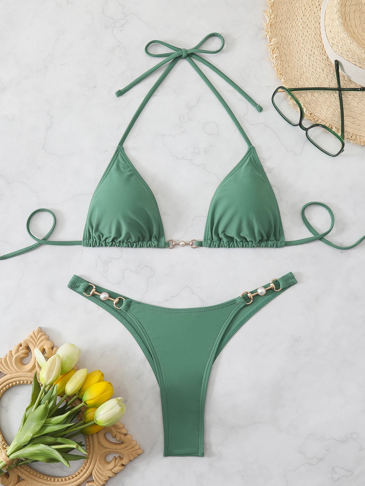 Triangle Halter Thong Bikinis 2026 Women Sexy Swimsuit Solid String Swimwear Female Bathers Bathing Swimming Swim Suit Beachwear