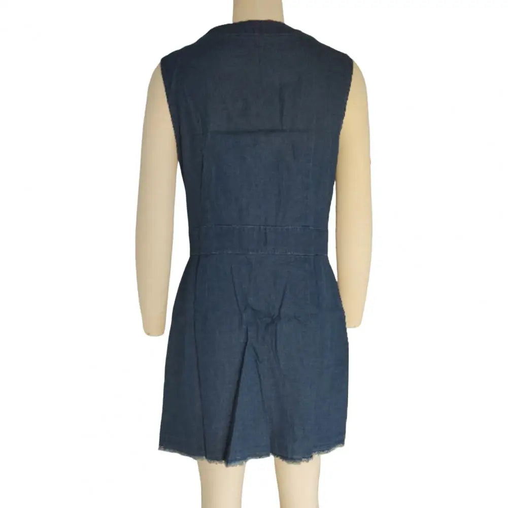 Women's Sleeveless Bodycon Denim Dress Casual V-Neck Button Down Mini Jean Dress Summer Overalls Dress with Pockets