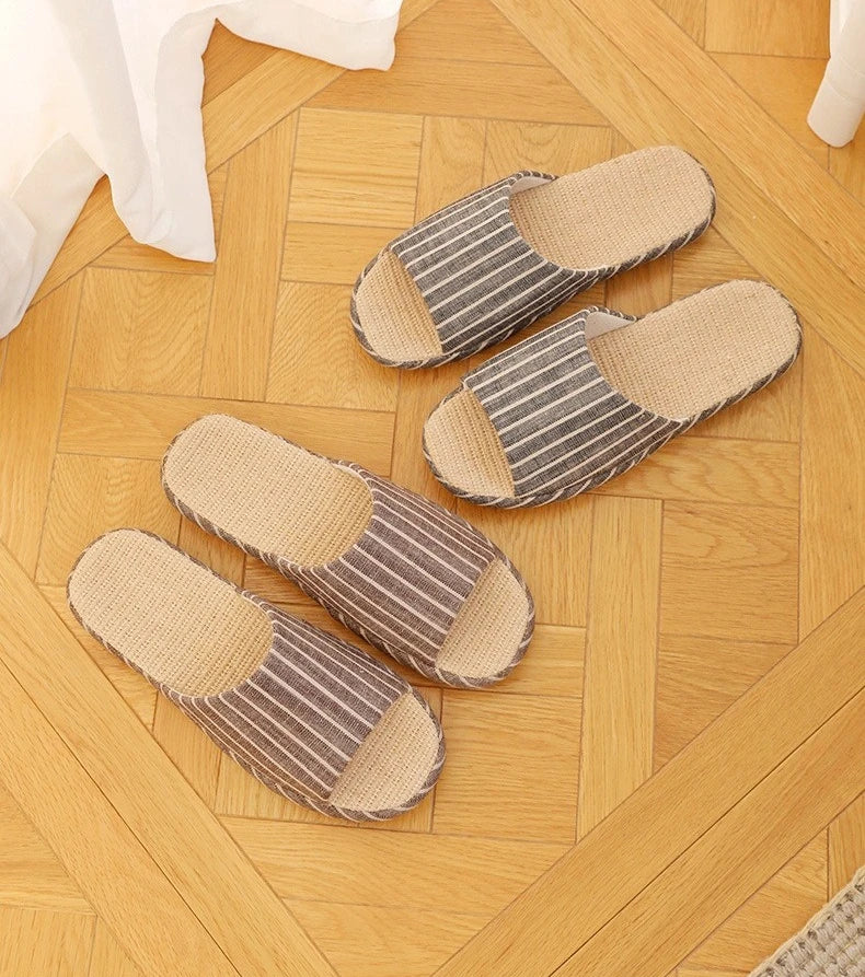Breathable Linen Slippers For Women Men Summer House Shoes Striped Design Soft Sole Anti-Slip Couples Home Floor Cotton Slides