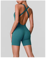 Cross Back V-neck Short Yoga Jumpsuit Women Quick Drying Solid Sleeveless Sports One Piece Suit Outdoor Recreation Bodysuits