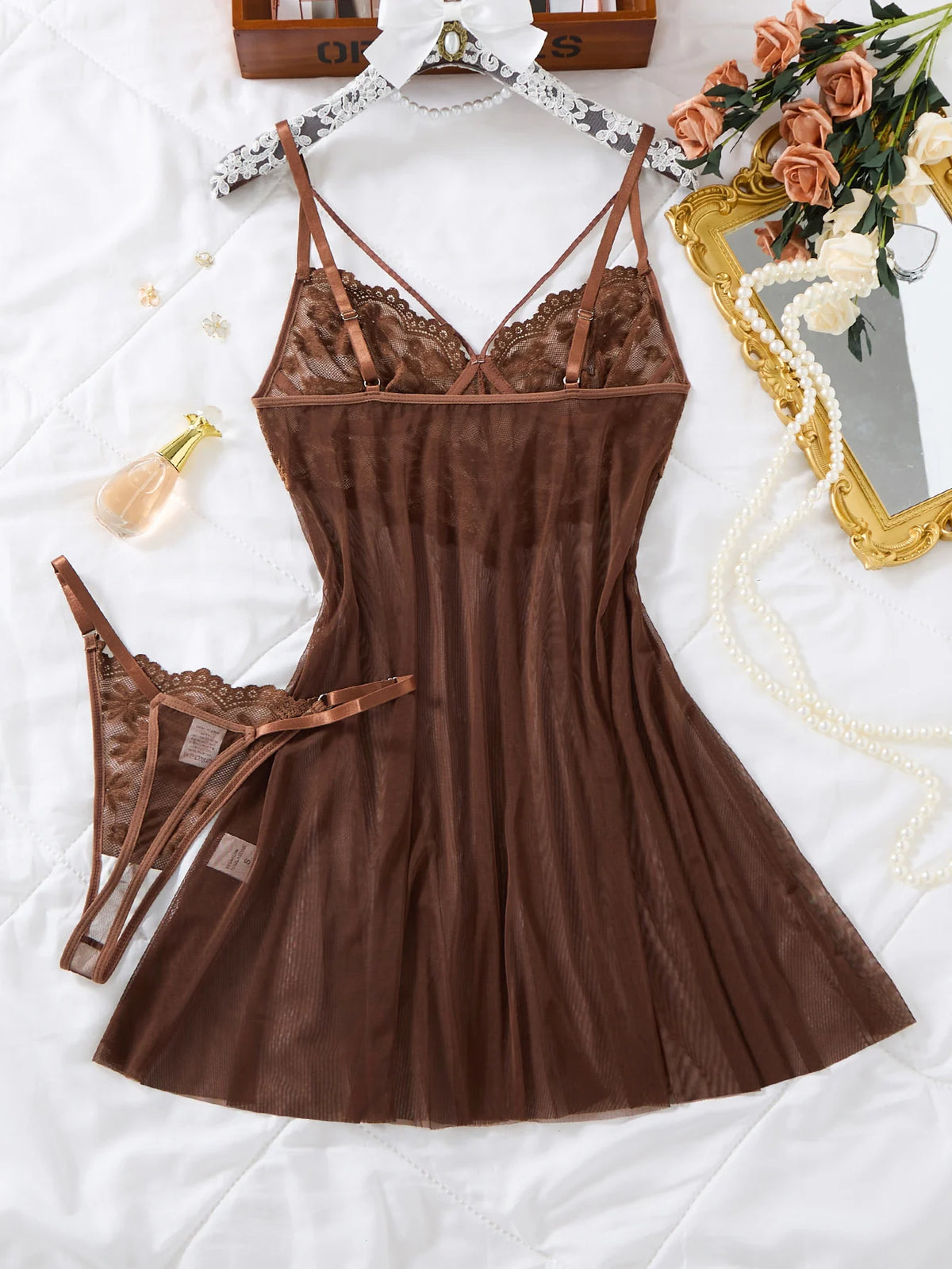 Net fabric see-through deep V nightgown thong set - dark color floral lace strapless fitted sexy nightgown set
