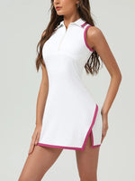 Summer Women's Tennis Dress White Contrast 2-in-1 Tennis Golf Sports Dresses Polo Collar Zipper Slim Split Fitness Dress