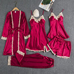 2025New Luxury Satin Pajama Set 5 Pcs Women's Silky Sleepwear Lace Trim Robe Nightgown Cami Shorts Pants Elegant Loungewear Hot