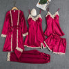 2025 Luxury Satin Pajama Set 5 Pcs Women's Silky Sleepwear Lace Trim Robe Nightgown Cami Shorts Pants Elegant Loungewear New Hot