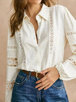 2026 New Elegant Lace Patchwork Long Sleeve Blouse Women Hollow Out Lace Trim Office Lady Commute Casual Shirt Top
