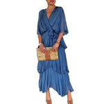 Women's Flowy Chiffon Wedding Guest Dress Ruffle Half Sleeve Empire Waist Ruched Wrap Dress V Neck Tiered Swing Dresses