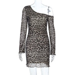 Spring Summer Off-Shoulder Sexy Leopard Print Long-Sleeve Dress European-Style Casual Backless Bell-Sleeve Mini Skirt Streetwear