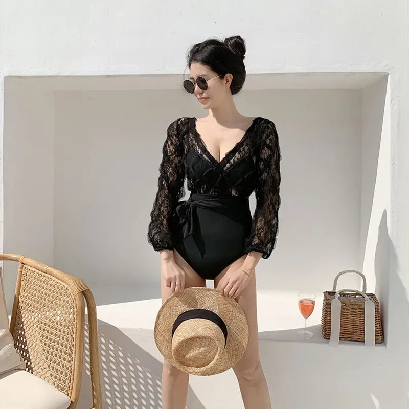 Long Sleeve Korean Style One Piece Swimwear Women Solid Black Mesh Patchwork Belt Push Up Bathing Suit Swimwear Monokini 2025