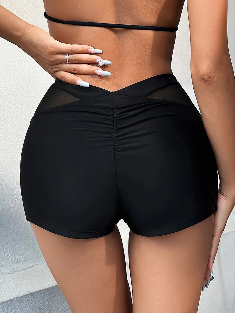 New Women Sexy Solid Ruched Bikini Bottom Mesh Sides High Waisted Two Piece Separate Elastic Flat Leg Swimming Shorts Sale