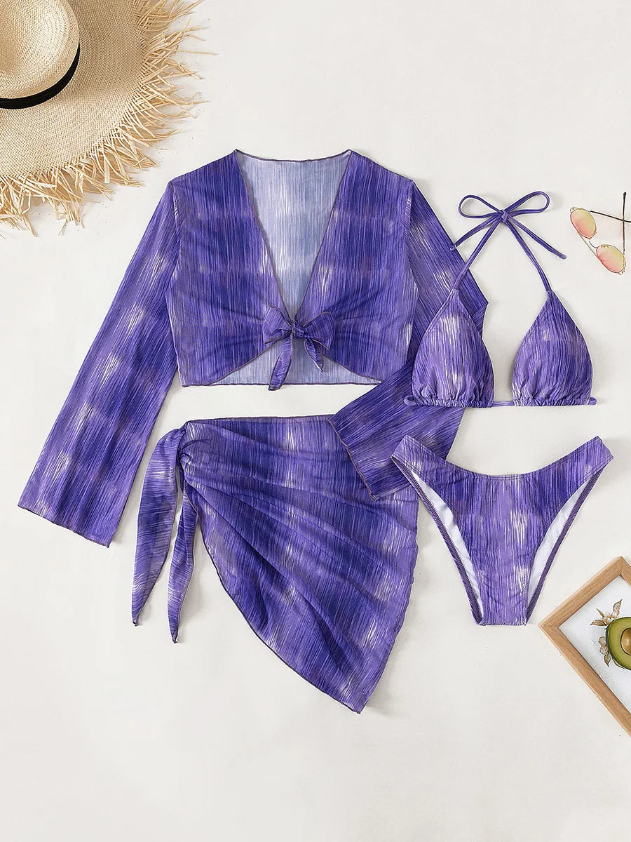 4PCS With Mesh Sheer Sarong Long Sleeve Bikini Female Swimsuit Women Swimwear Four-pieces Bikini Set Bathing Suit Swim Beachwear