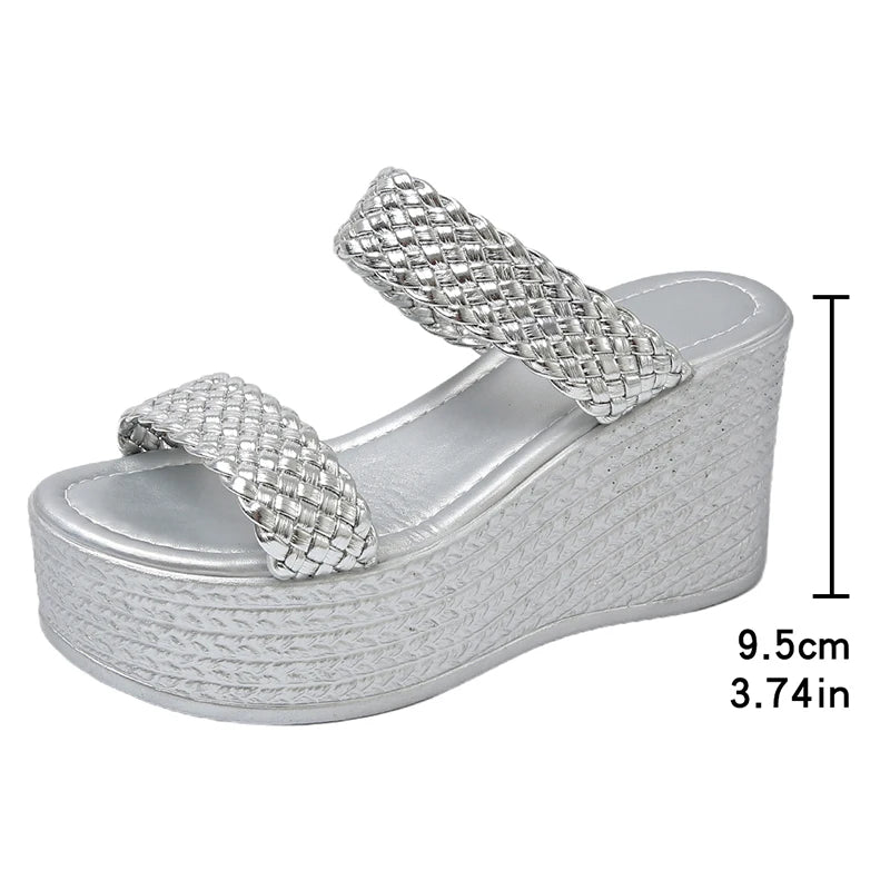 Silver Chunky Platform Slippers for Women 2026 Summer Thick Bottom Wedges Sandals Woman Plus Size 45 Woven Beach Sandles Female