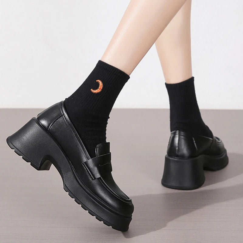 Brown Pu Leather Platform Loafers for Women British Style Round Toe Thick Heel Pumps Woman Slip On High Heels Office Shoes Lady