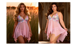 Pink Mesh Print Lace Sleep Dress for Women See Through Midi Nightgown with Panties Plus Size S-4XL