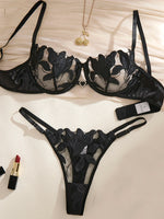 Black Lily Embroidered Bra Set - Satin Edged Transparent Mesh Adjustable Shoulder Strap Sexy Thong Set ZA824031