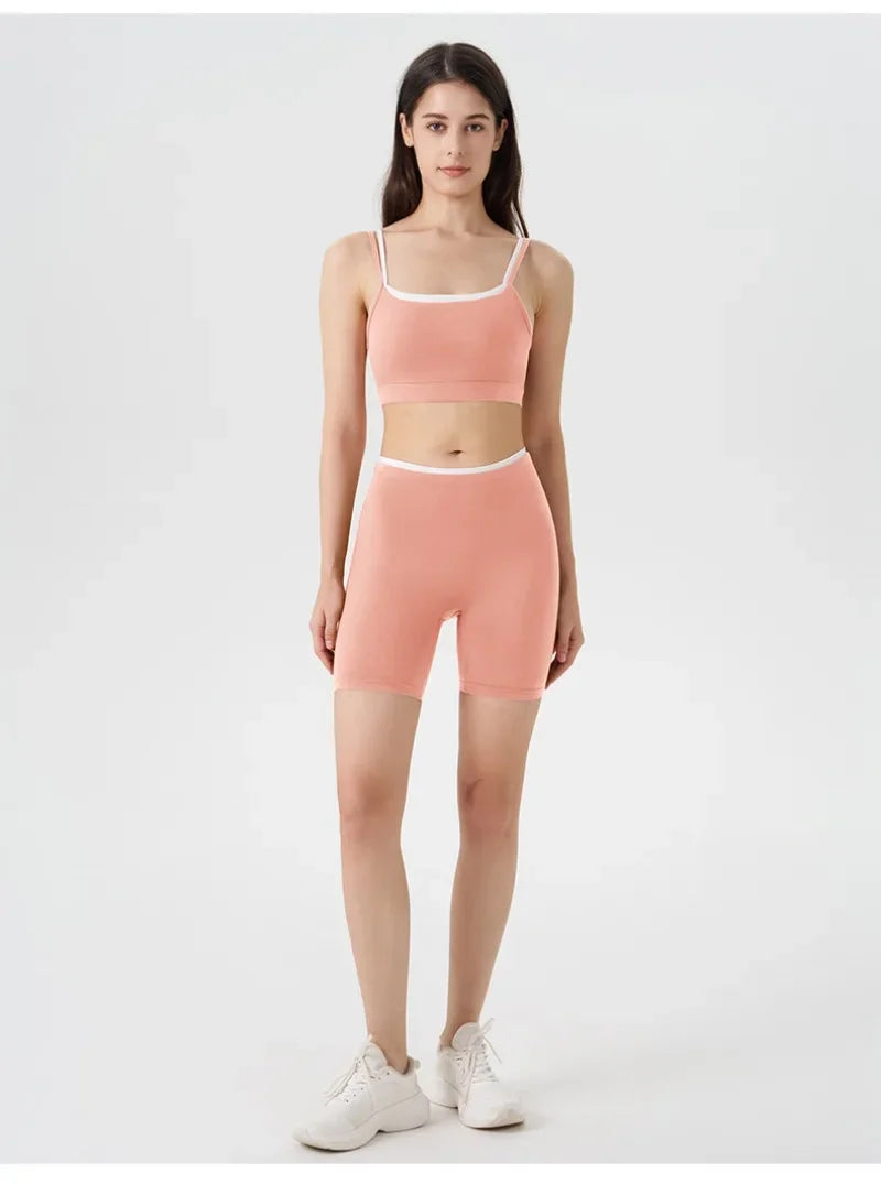 Women's 2-piece Yoga Set Fake Two-Piece Color-Block White Stripe Camisole Running Sports Bra Shorts Yoga Outfit Set