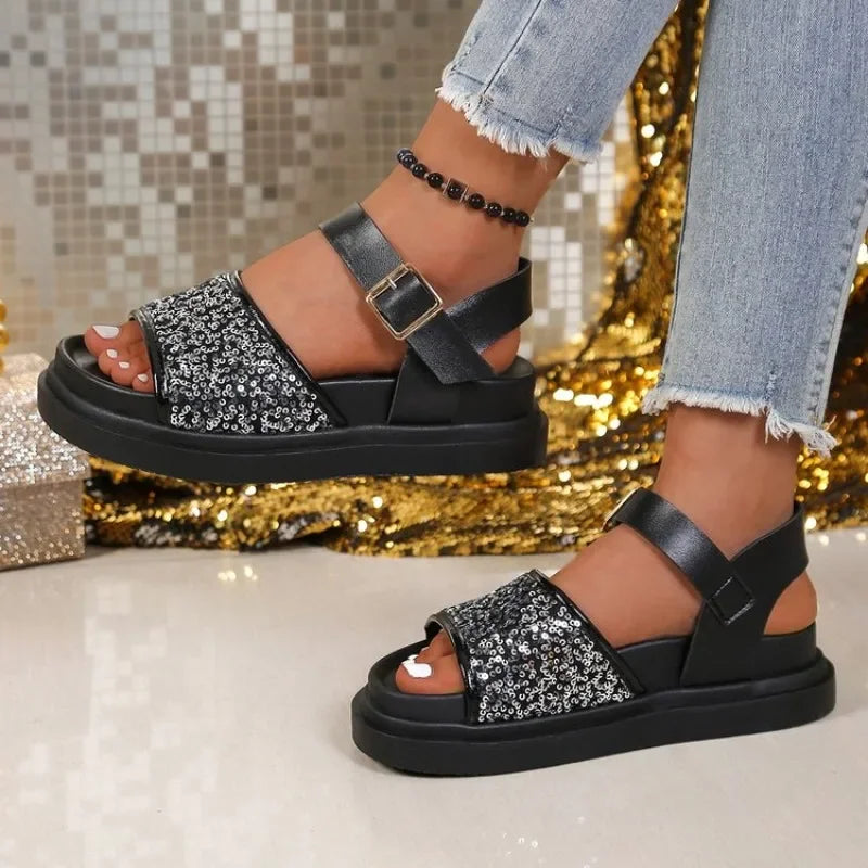 Flat Sandals for Women Plus Size Shiny Sequin Decor Platform Sandals Summer Comfort Light Casual Shoes
