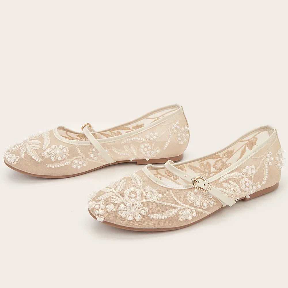 2026 Big size 42 Chic Nude Beading Flat Mary Janes Shoes Women Leisure Mesh Pearls Embroidery Comfy Walk Ballet Flats Shoes