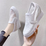 Slip On Height Increasing Mesh Shoes Women 2026 Summer Breathable Hollowed Wedge Heel White Sneakers