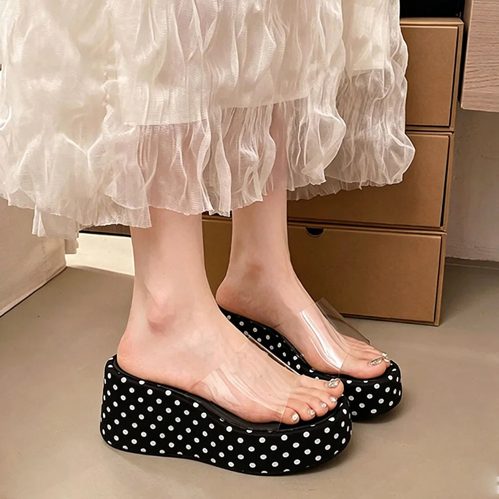 Transparent PVC Wedge Slide Mules Shoes Women Vintage Slip On Platform 7.5CM High Heel Leopard Print Polka Dot Summer Sandals